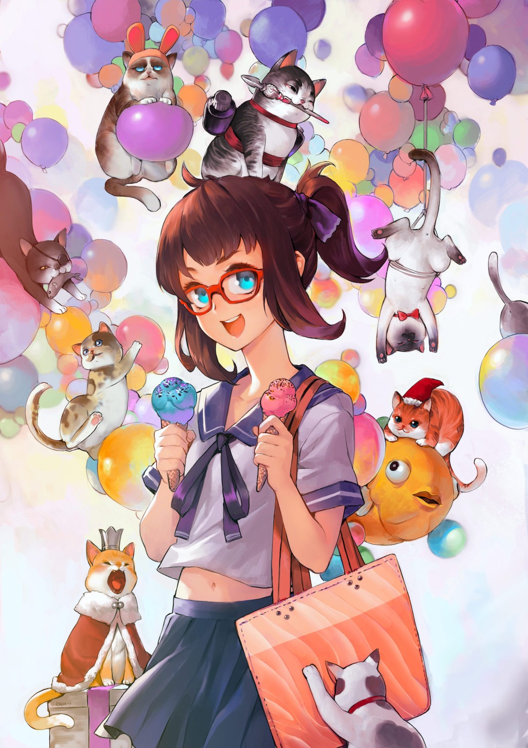 animal_ears, bunny_ears, eyepatch, megane, neko, patipat_asavasena, seifuku