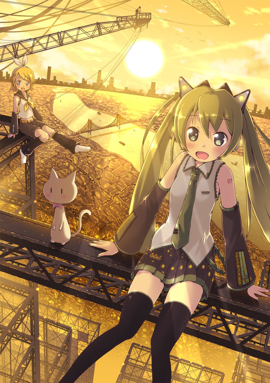 akisorapx, hatsune_miku, kagamine_rin, neko, tattoo, thighhighs, vocaloid