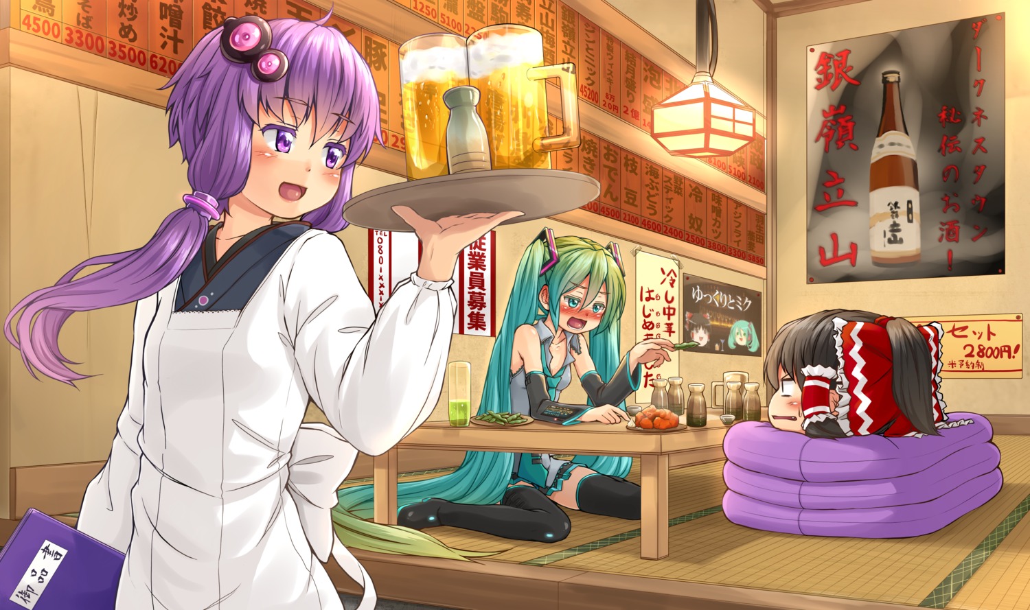 crossover, hakurei_reimu, hatsune_miku, kitsunerider, sake, thighhighs, touhou, vocaloid