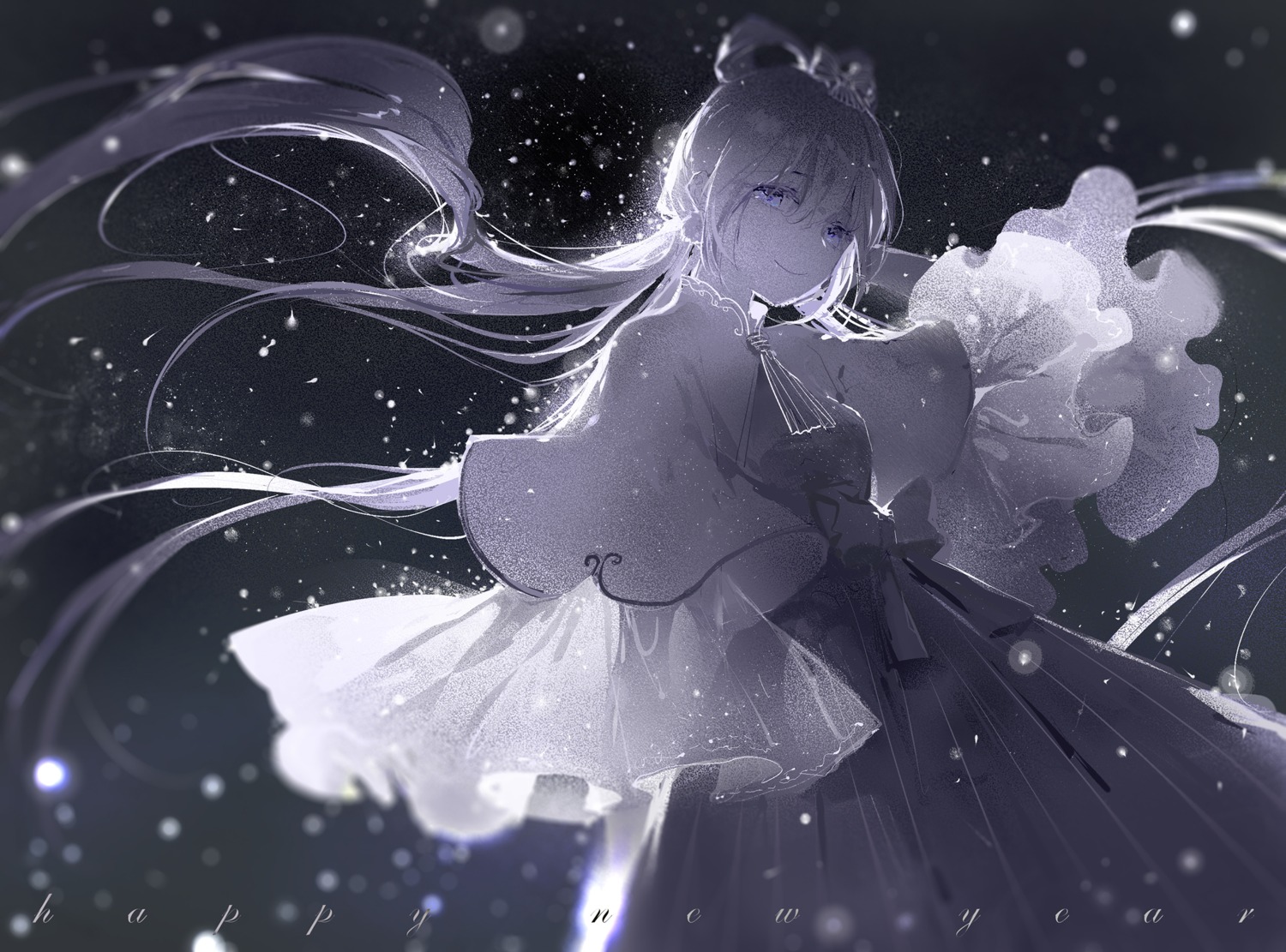 dress, luo_tianyi, monochrome, moss_(2225028), vocaloid