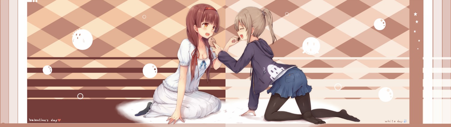 cleavage, dress, igaki_yuzu, pantyhose, tanibayashi_kaede, tsuchikure, valentine, yuri