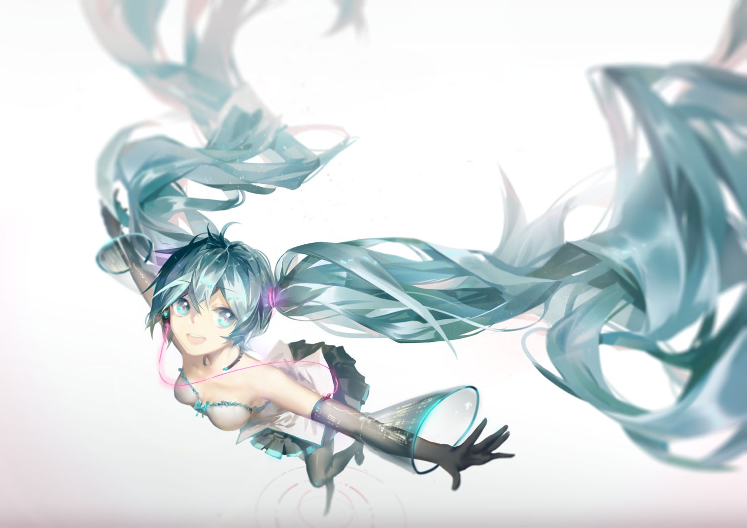cleavage, hatsune_miku, headphones, thighhighs, vocaloid, yyb