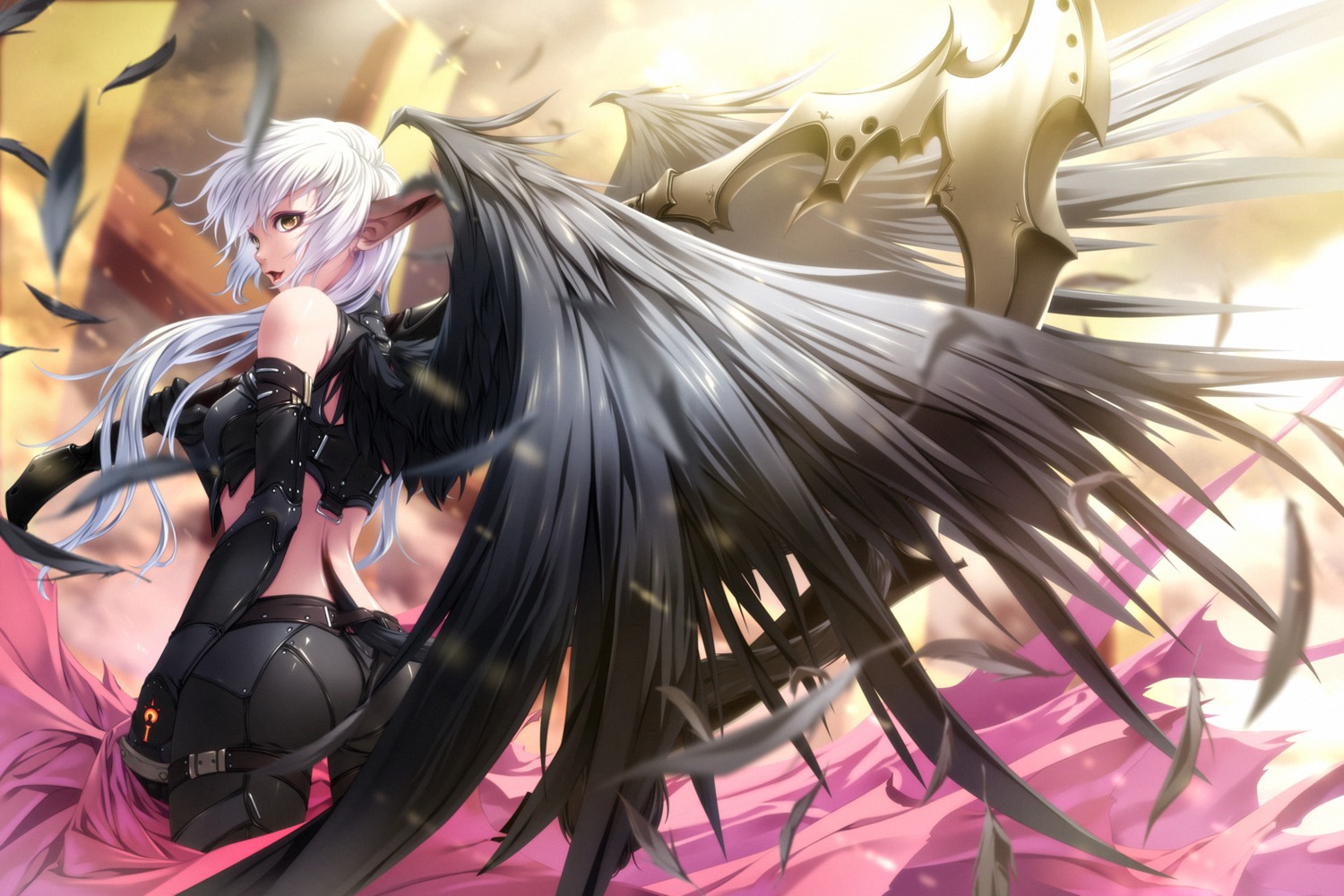 ass, pointy_ears, rezi, tail, wallpaper, weapon, wings
