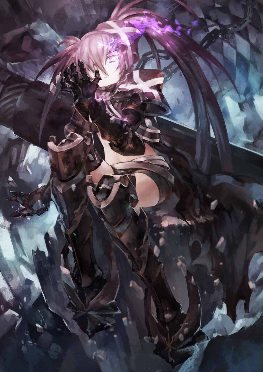 armor, azomo, black_rock_shooter, black_rock_shooter_(character), insane_black_rock_shooter, thighhighs, weapon