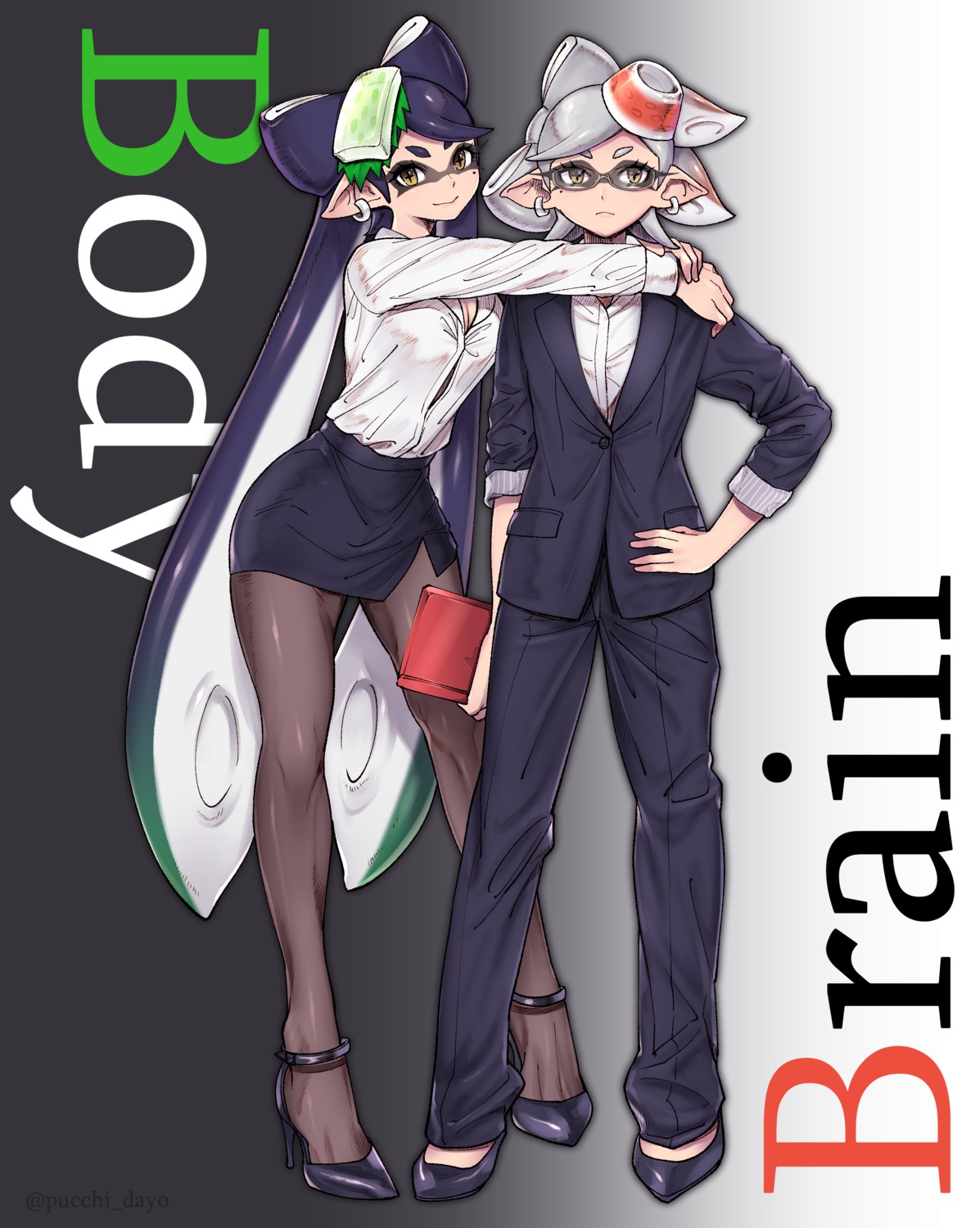 aori_(splatoon), cleavage, heels, hotaru_(splatoon), megane, pantyhose, pointy_ears, puchiman