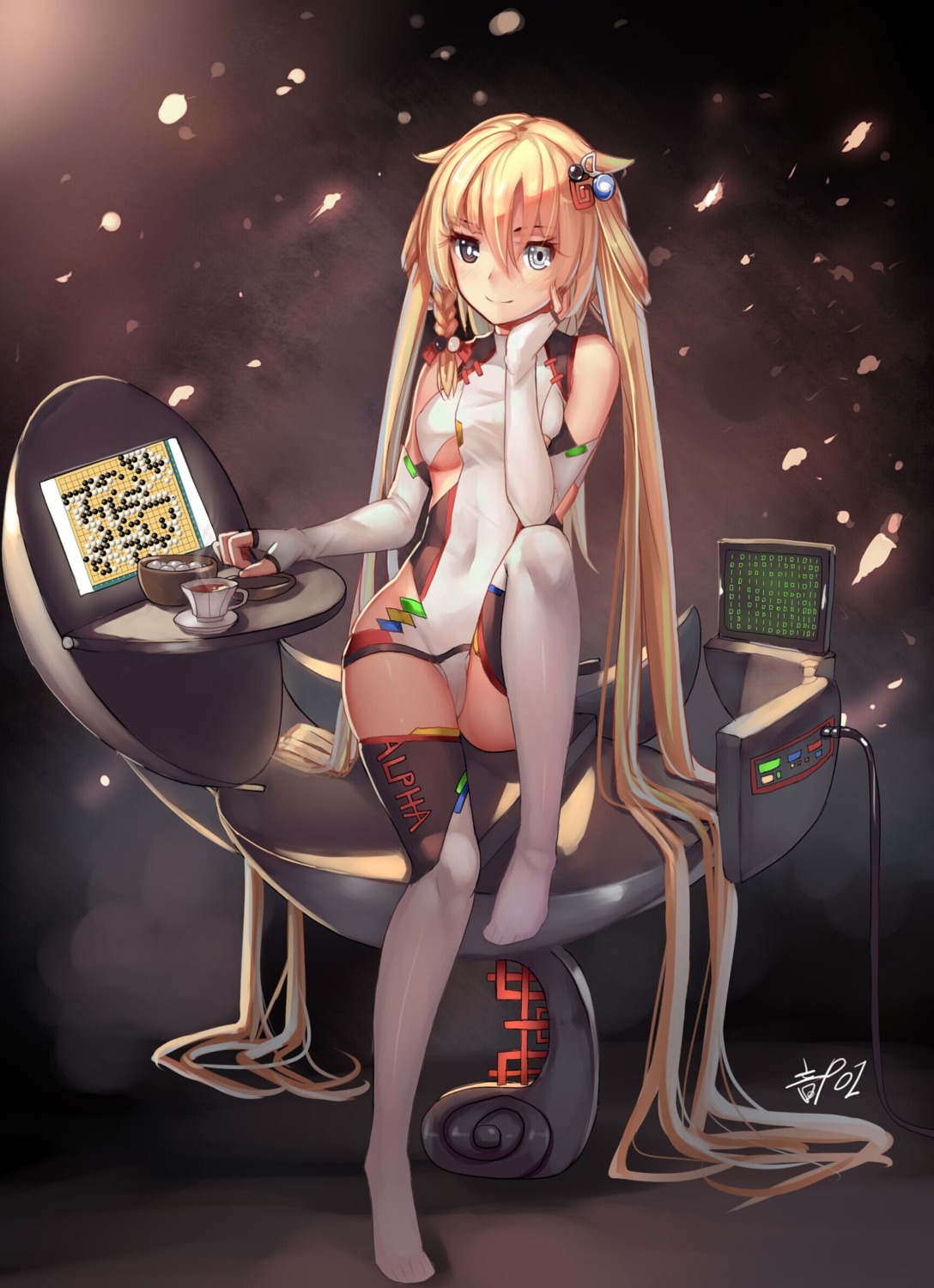 alphago, anthropomorphization, heterochromia, leotard, musyne_xsk, thighhighs