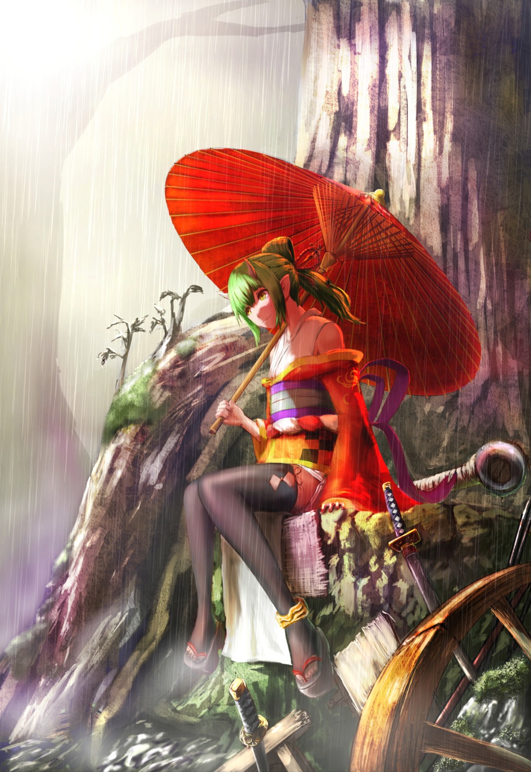 horns, japanese_clothes, namacotan, sword, thighhighs, umbrella, weapon