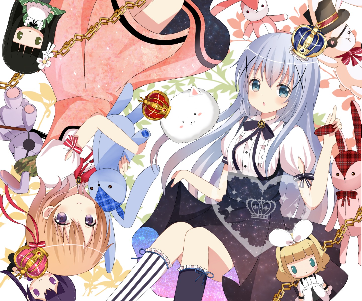 dress, gochuumon_wa_usagi_desu_ka?, hoto_cocoa, kafuu_chino, kirima_sharo, ryoutan, skirt_lift, tedeza_rize, tippy_(gochiusa), ujimatsu_chiya