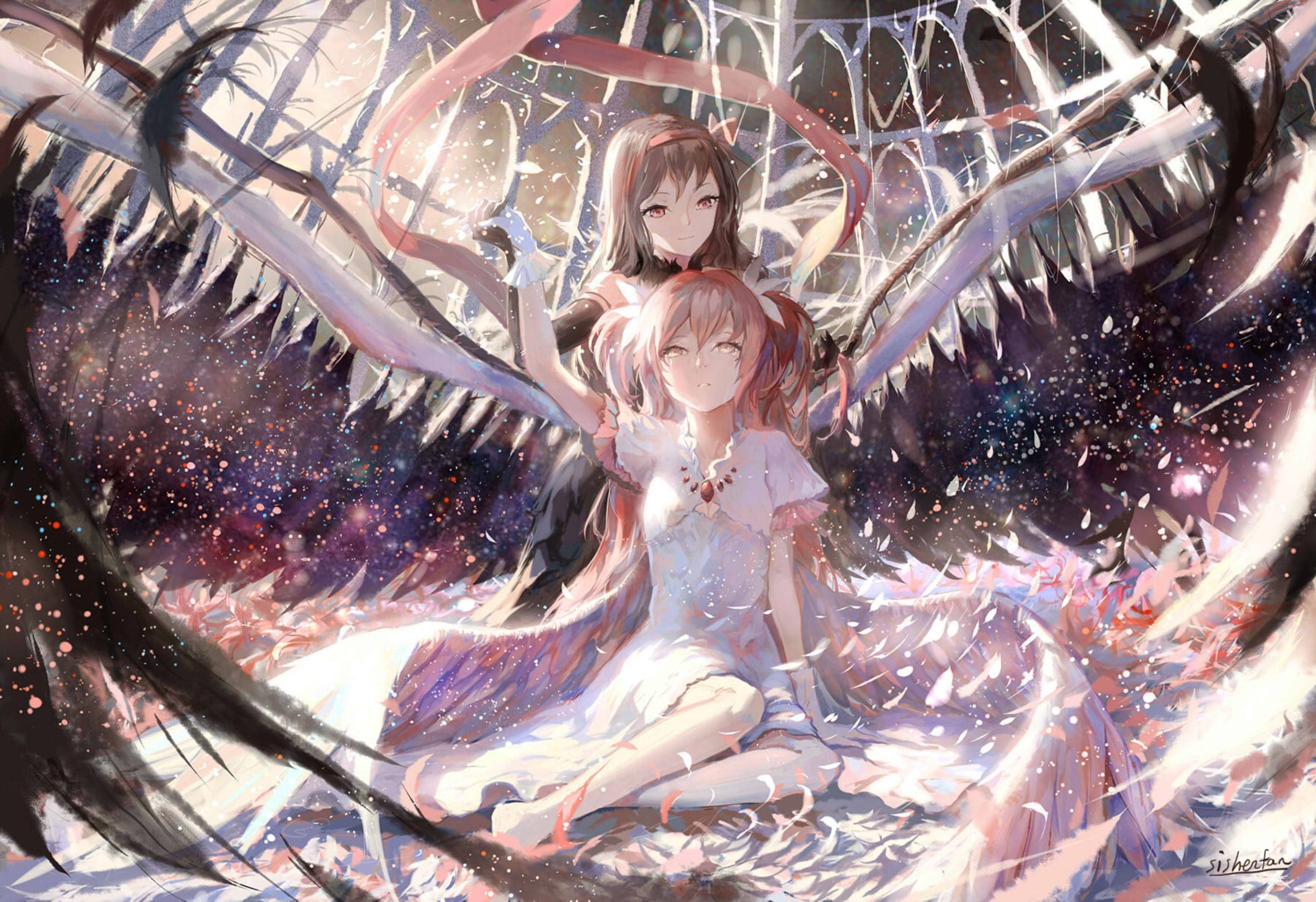akemi_homura, dress, kaname_madoka, mahou_shoujo_madoka_magica, sishenfan, ultimate_madoka, wings
