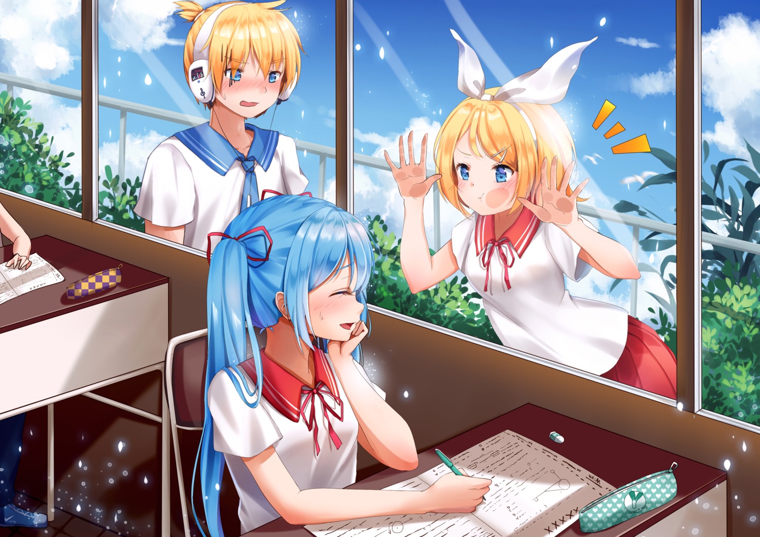douyacai, hatsune_miku, headphones, kagamine_len, kagamine_rin, seifuku, vocaloid