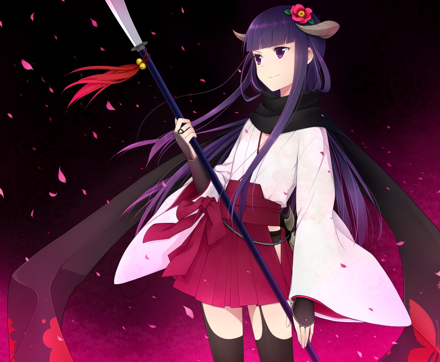 horns, inu_x_boku_ss, miko, ougi_yomi, shirakiin_ririchiyo, stockings, thighhighs, weapon