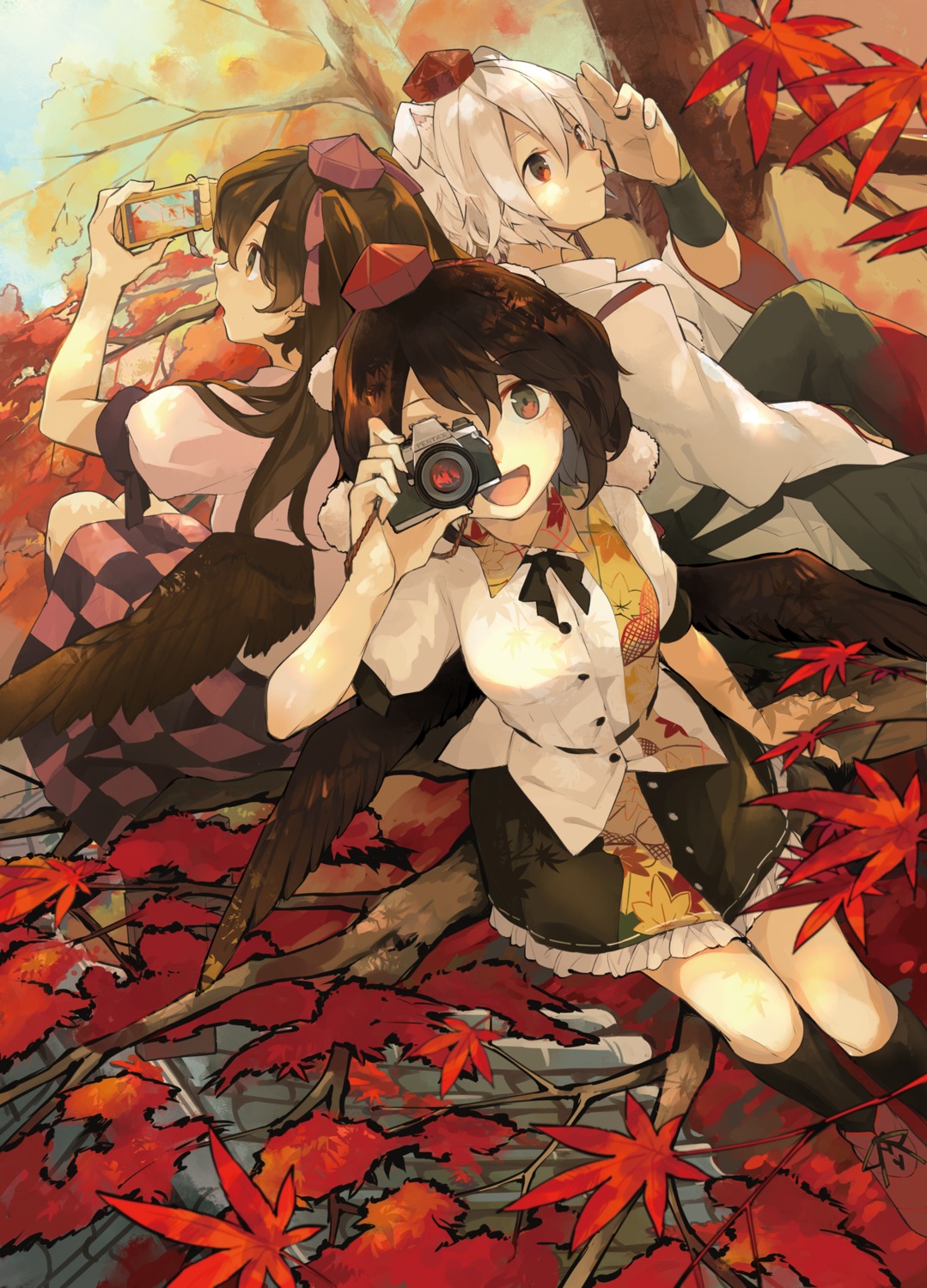 animal_ears, hichiko, himekaidou_hatate, inubashiri_momiji, shameimaru_aya, touhou, wings