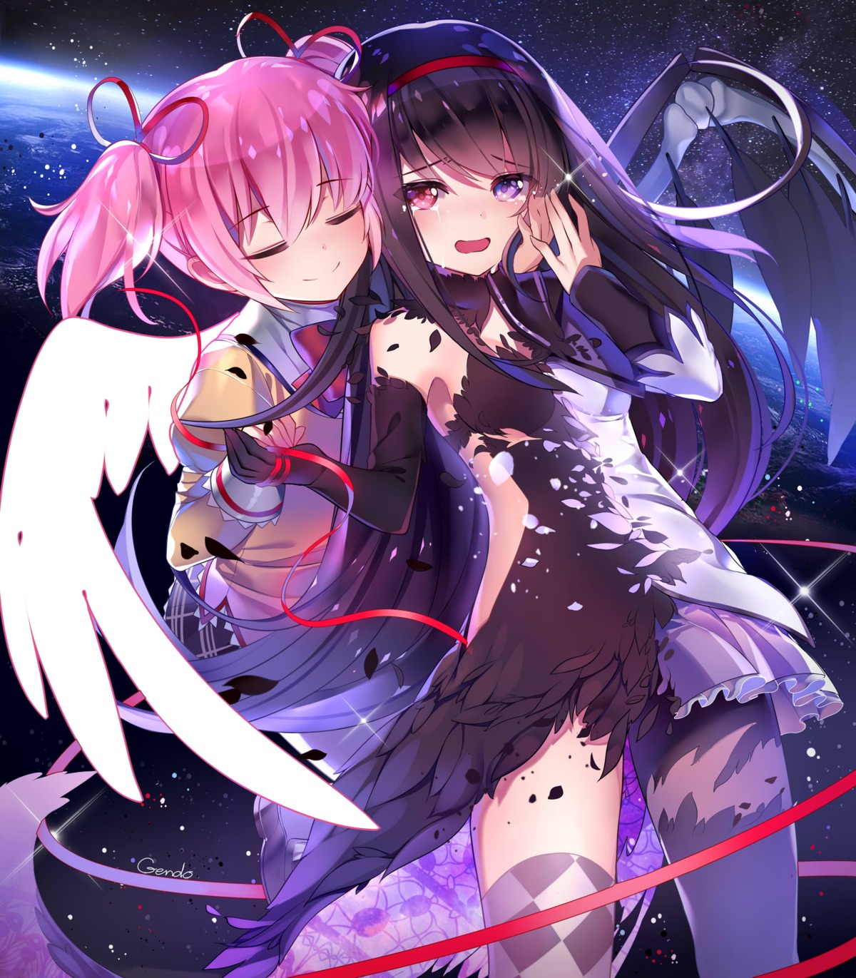 akemi_homura, dress, gendo0032, kaname_madoka, mahou_shoujo_madoka_magica, seifuku, thighhighs, wings