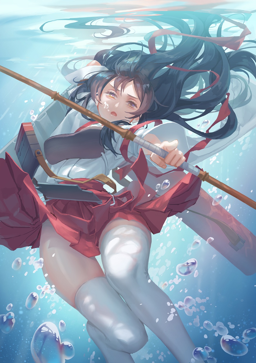 akagi_(kancolle), kantai_collection, karesuki, nopan, thighhighs, weapon