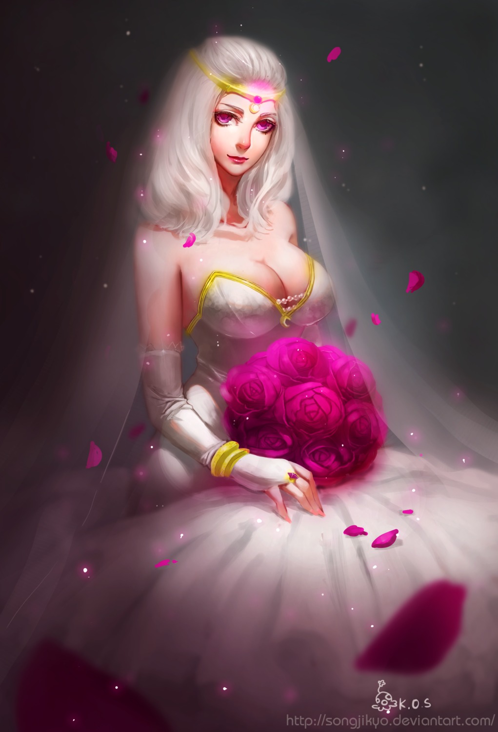 cleavage, diana_(league_of_legends), dress, league_of_legends, no_bra, official_watermark, songjikyo, wedding_dress