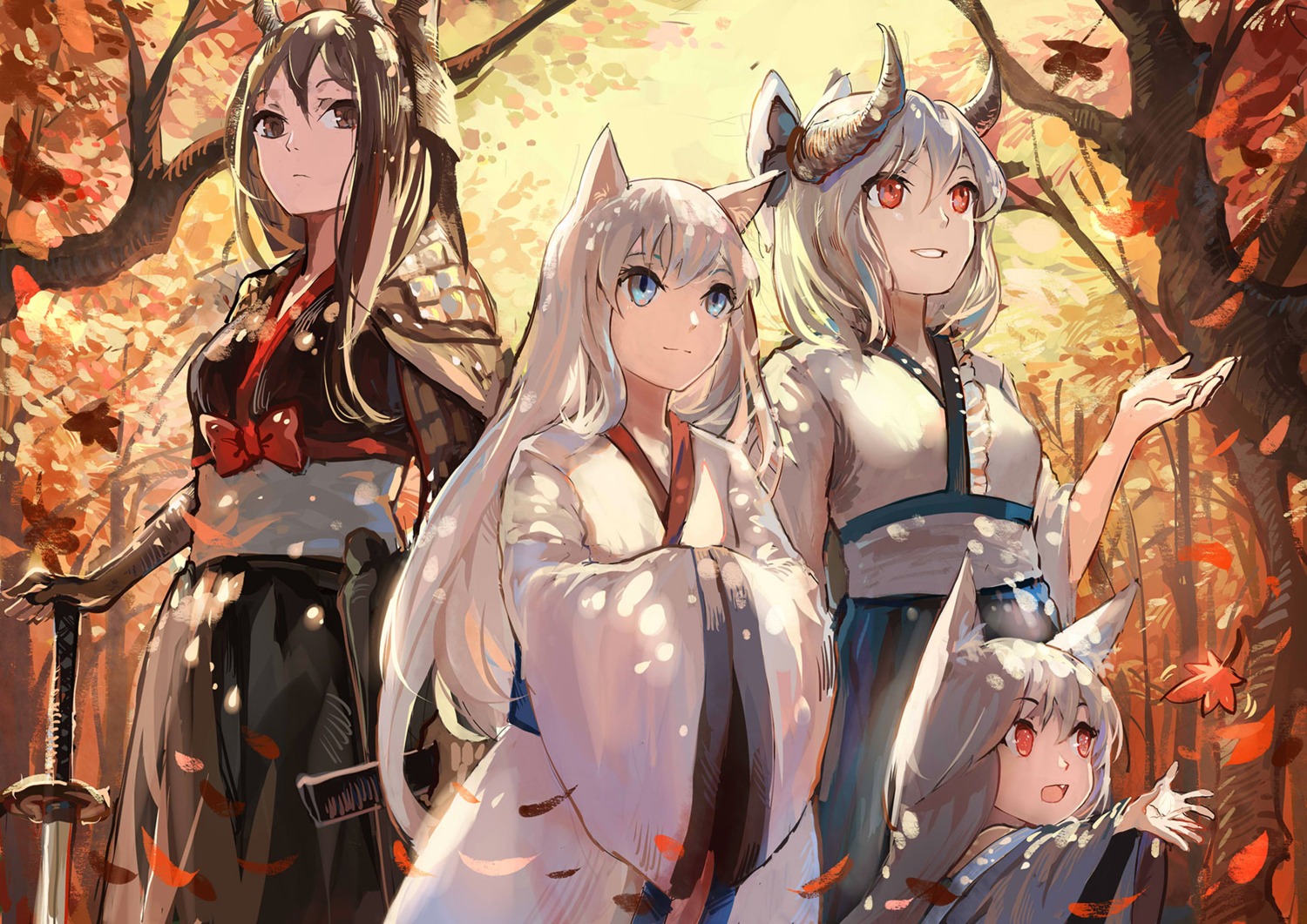 animal_ears, armor, horns, japanese_clothes, pixiv_fantasia_t, sishenfan, sword