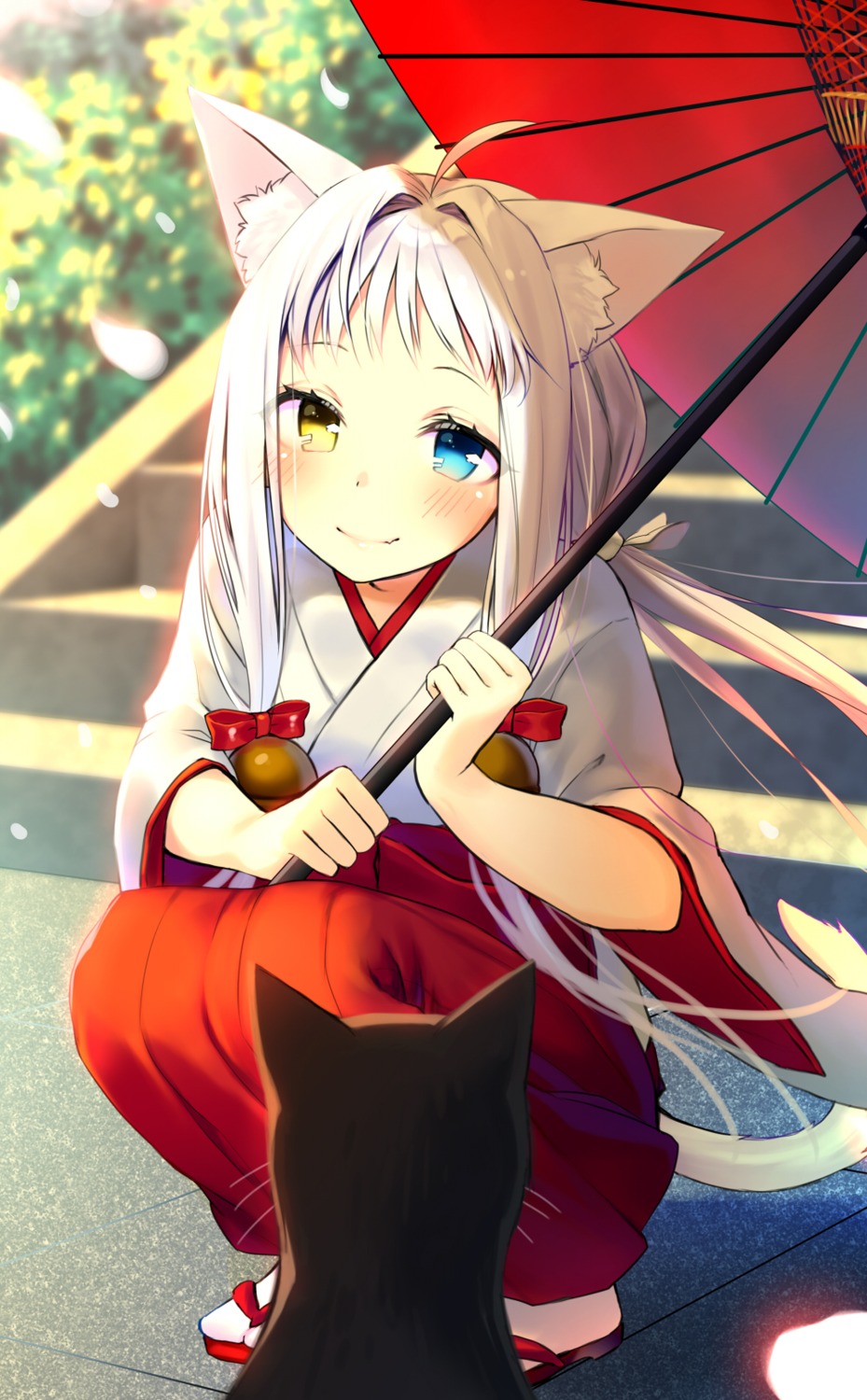 animal_ears, heterochromia, miko, neko, nekomimi, shirakosei, tail, umbrella