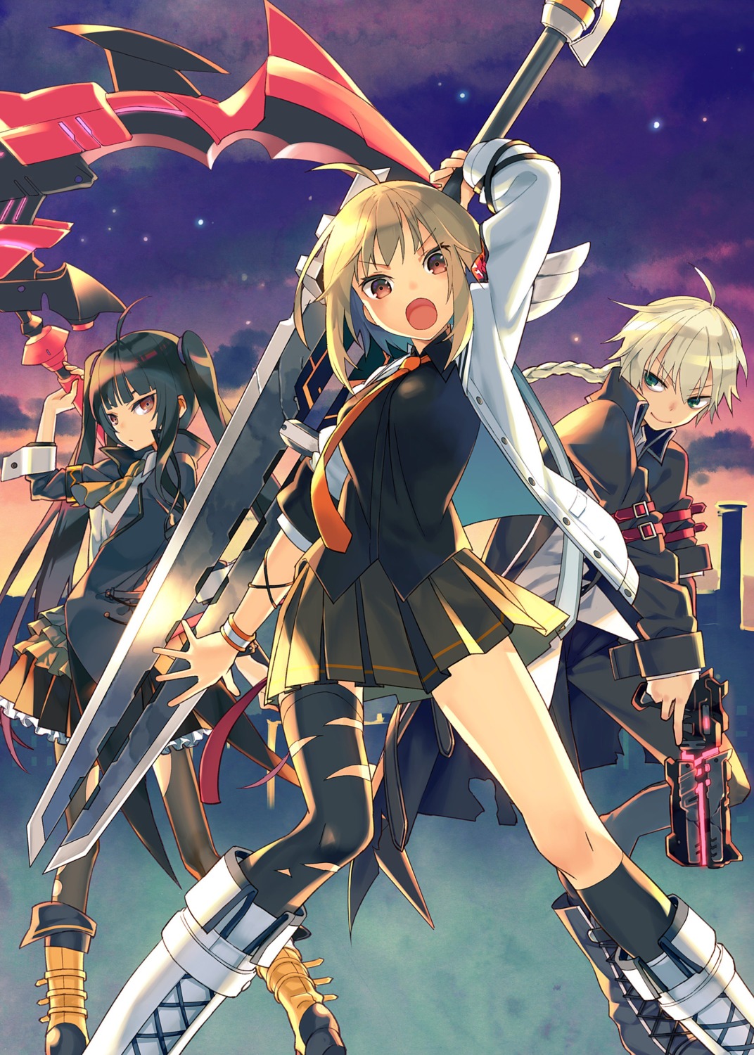 erwin_arclight, gun, haru_estia, lily_bloomerchen, seifuku, soul_worker, sword, thighhighs, torn_clothes, weapon, zaza_xcan01