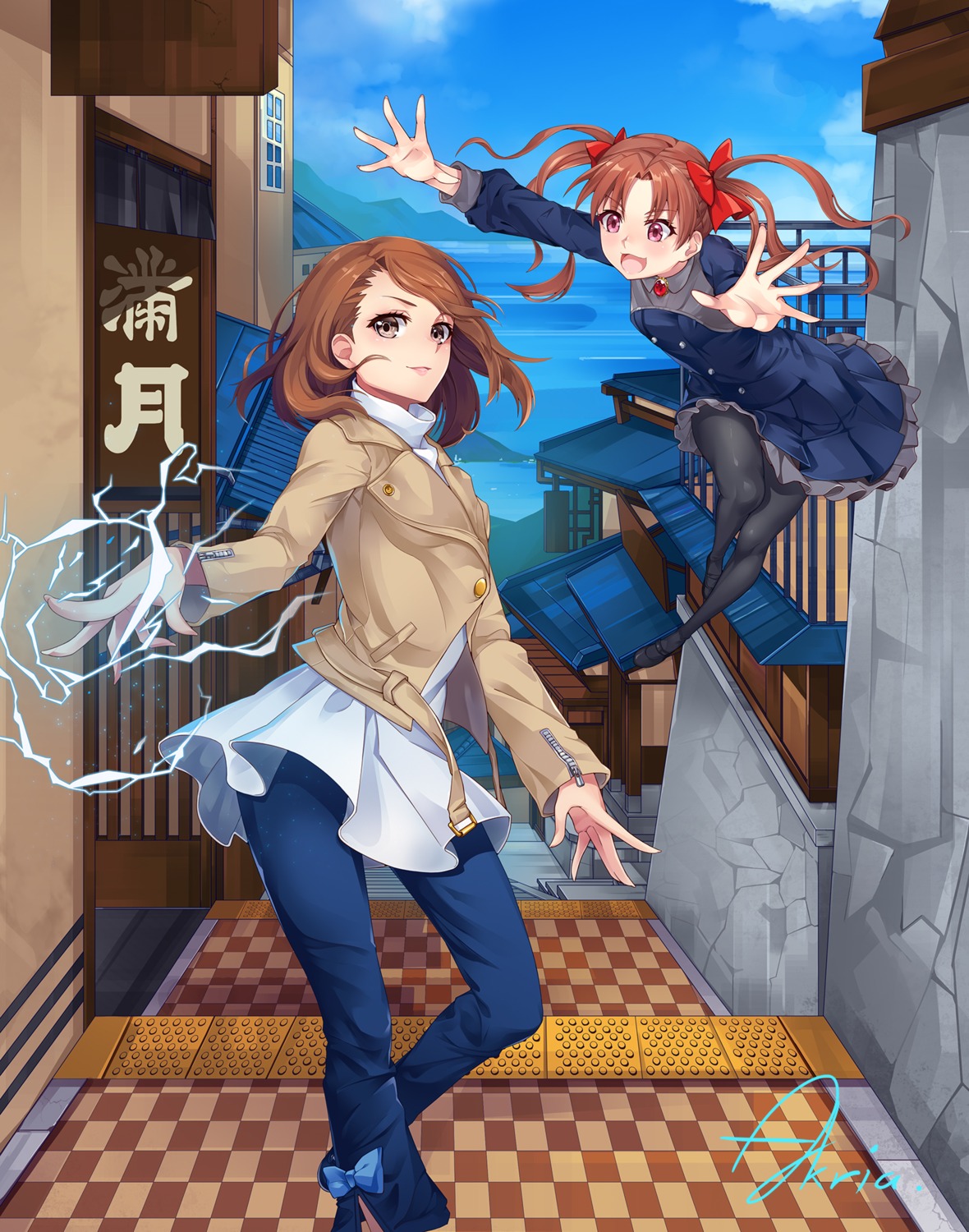akira_(artist), dress, misaka_mikoto, pantyhose, shirai_kuroko, toaru_kagaku_no_railgun, toaru_majutsu_no_index