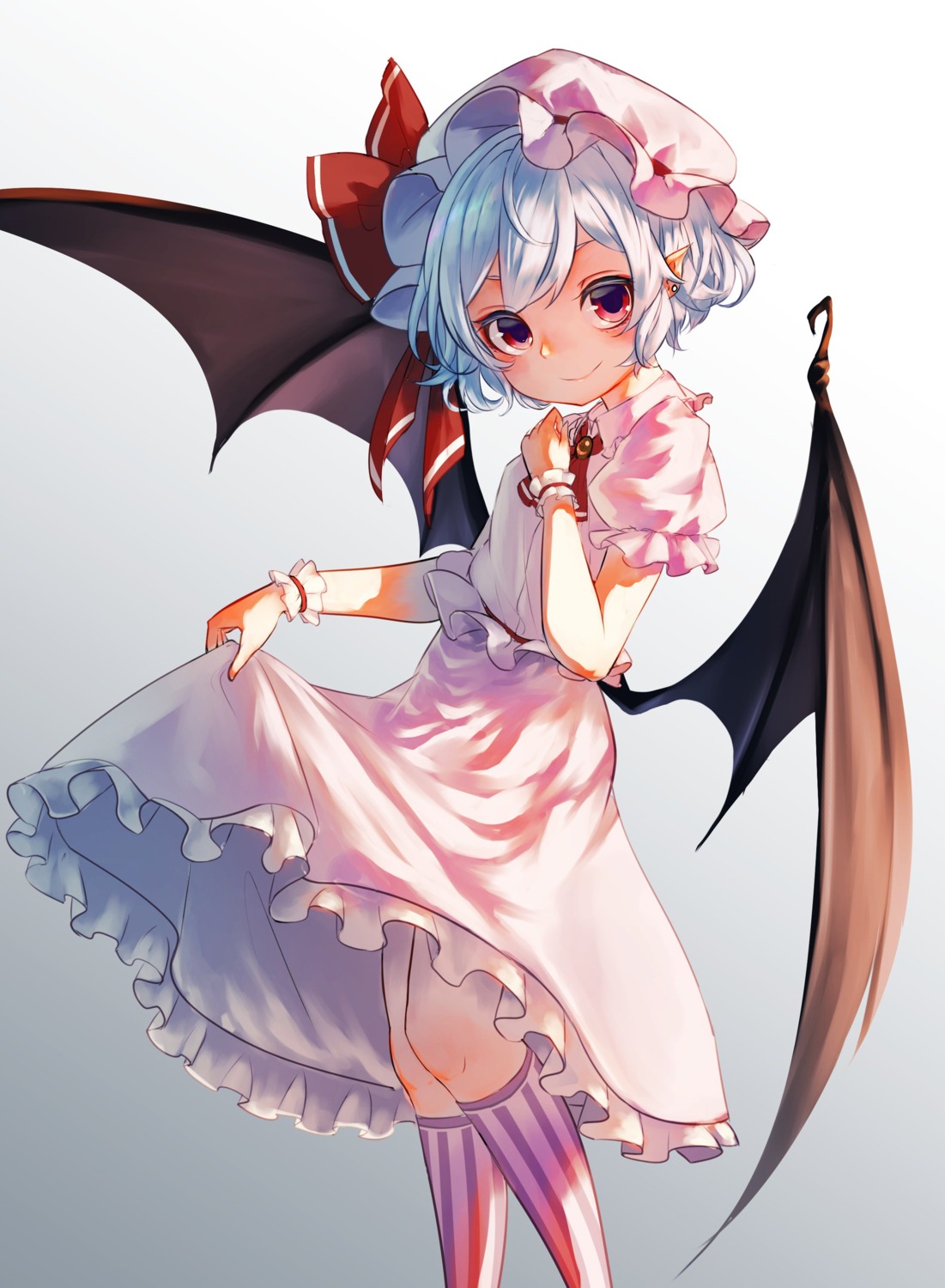 dress, pointy_ears, pyonsuke_(pyon2_mfg), remilia_scarlet, skirt_lift, touhou, wings