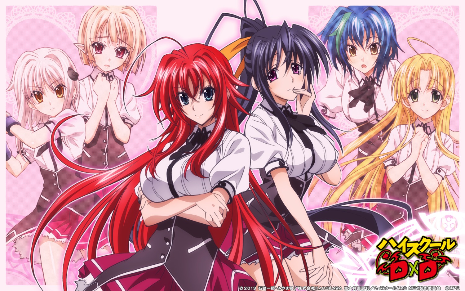asia_argento, breast_hold, gasper_vladi, highschool_dxd, himejima_akeno, pointy_ears, rias_gremory, seifuku, toujou_koneko, wallpaper, xenovia_quarta