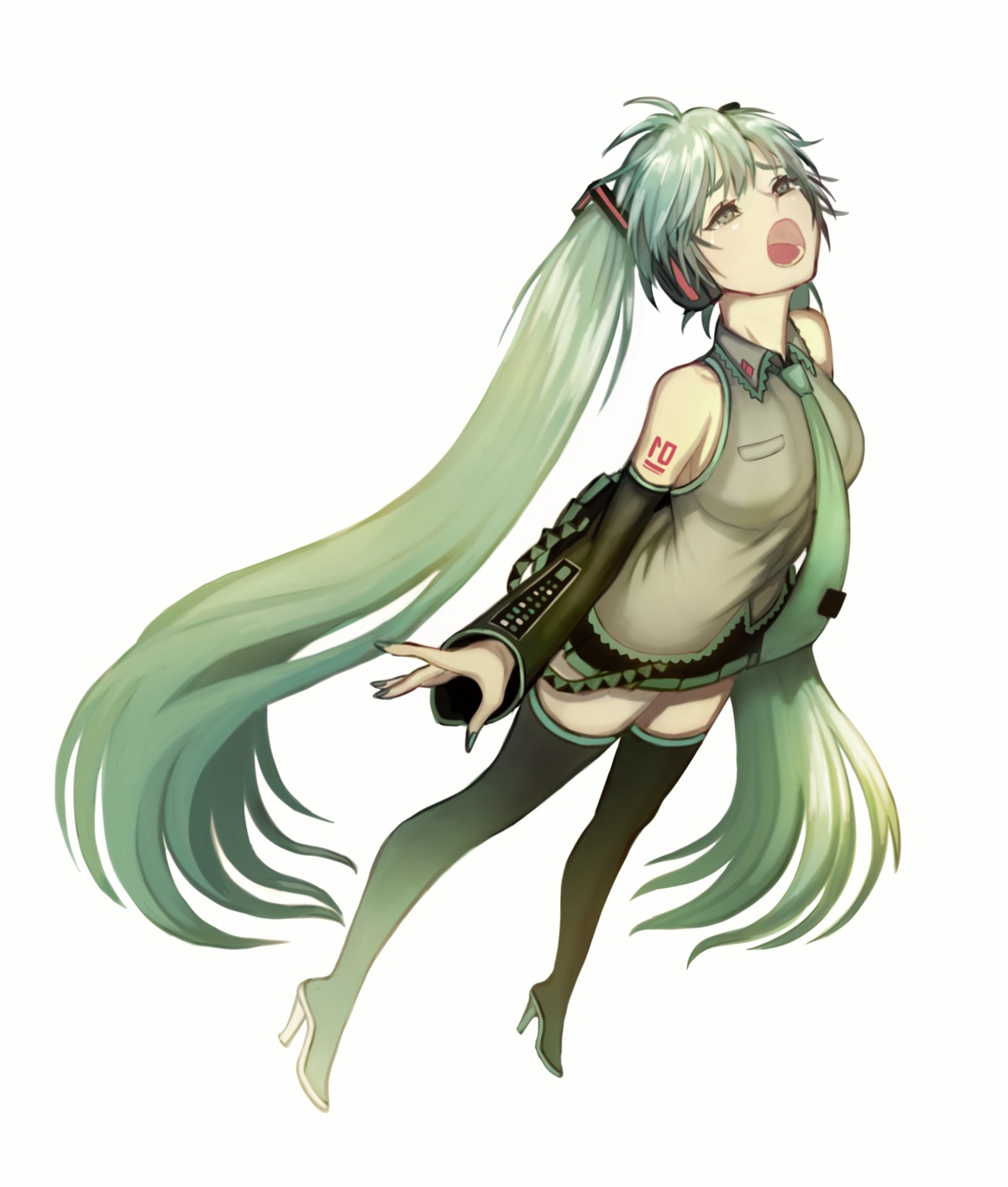 hatsune_miku, headphones, heels, tattoo, thighhighs, torang3478, vocaloid