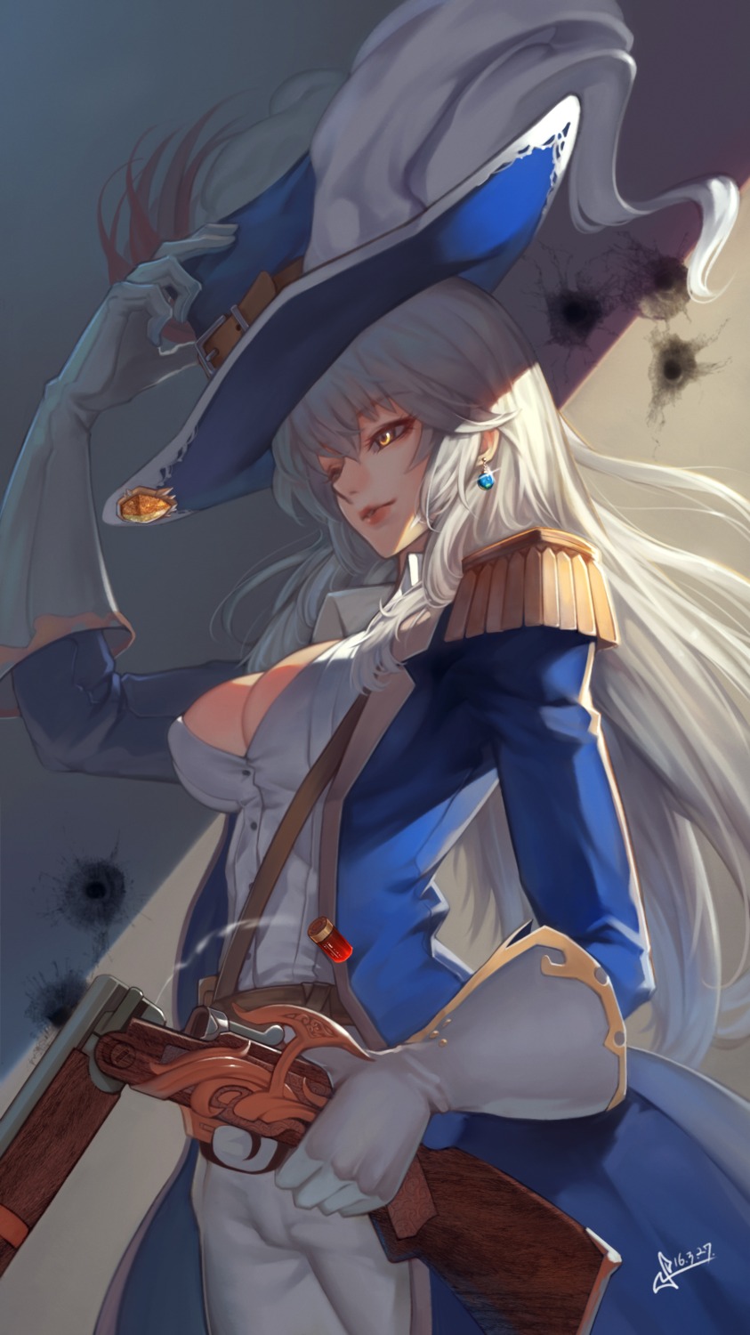 cleavage, crusaders_quest, d'artagnan_(crusaders_quest), gun, no_bra, open_shirt, squidsmith, uniform
