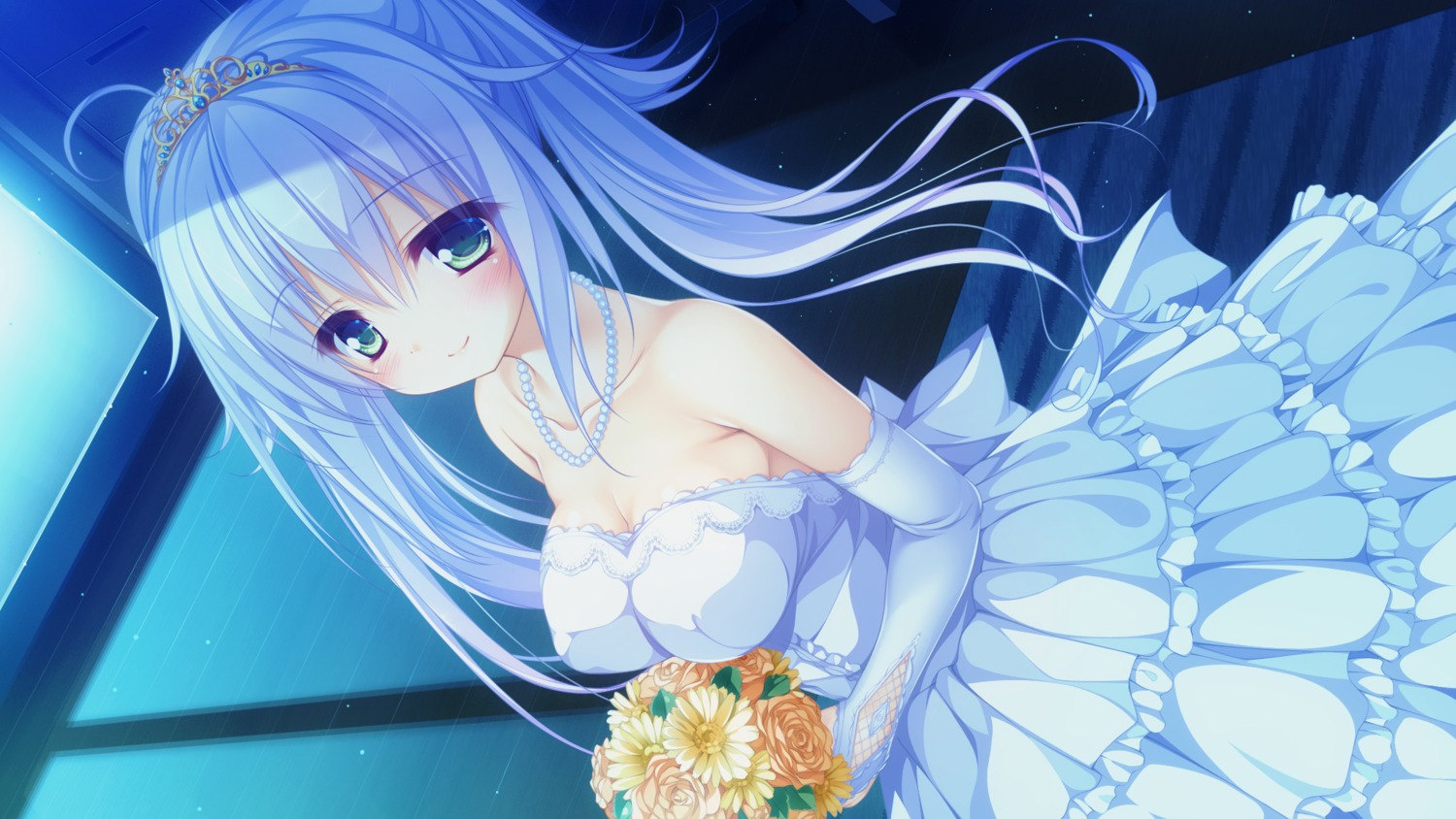 cleavage, dress, game_cg, kururu_(world_election), mikagami_mamizu, no_bra, wedding_dress, whirlpool