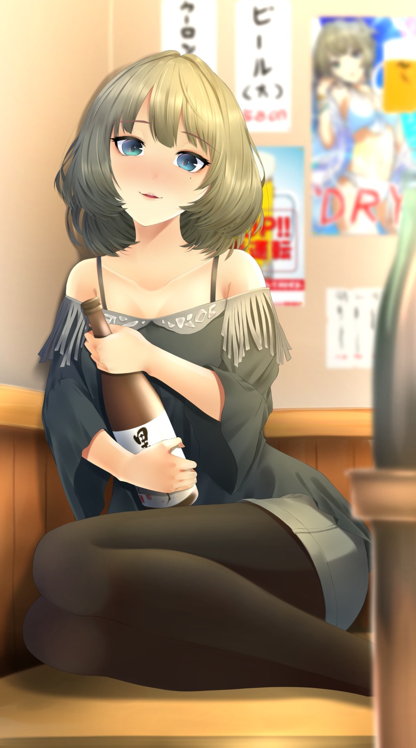 cleavage, heterochromia, nishinomiya_suzu, pantyhose, sake, takagaki_kaede, the_idolm@ster, the_idolm@ster_cinderella_girls