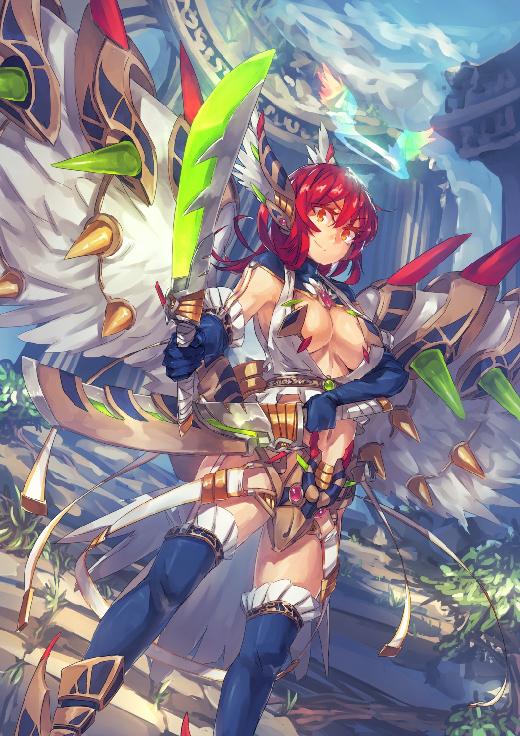 armor, cleavage, no_bra, open_shirt, sword, temmasa22, thighhighs, wings