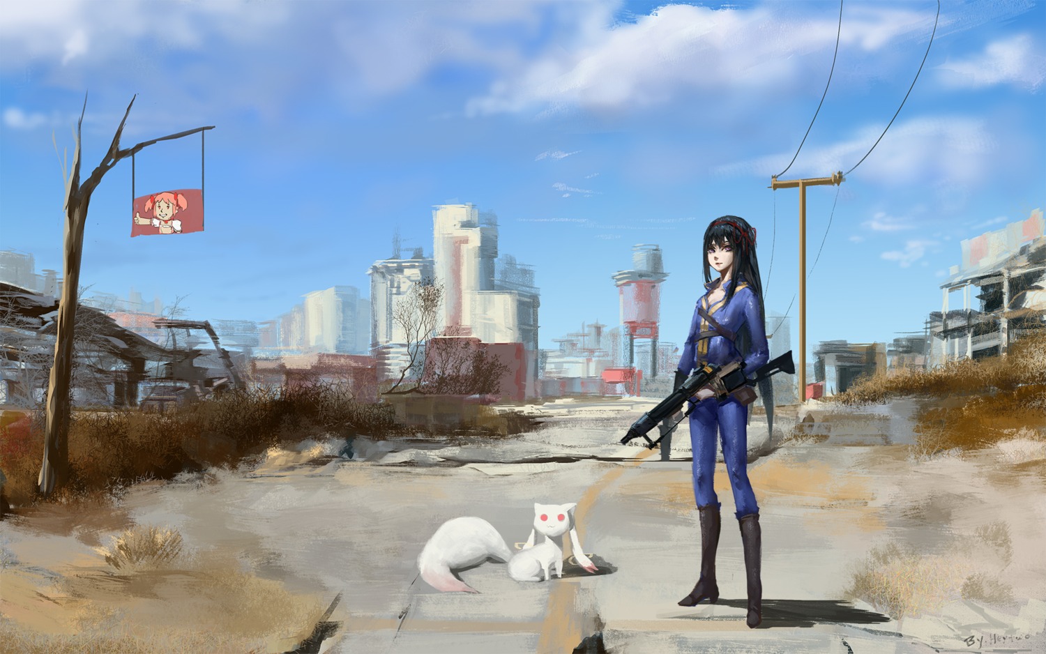 akemi_homura, blackrabbitsoul, bodysuit, cleavage, fallout, gun, heels, kyubey