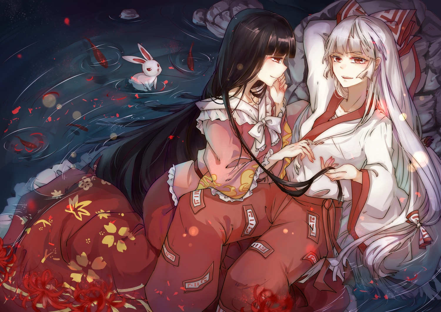 aili_(aliceandoz), fujiwara_no_mokou, houraisan_kaguya, sarashi, touhou, wet, wet_clothes