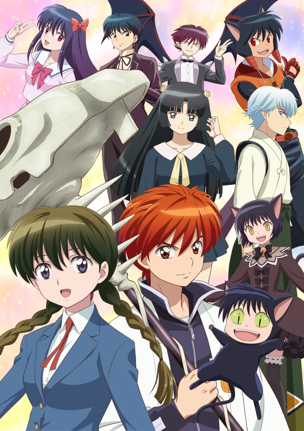 ageha, animal_ears, japanese_clothes, jumonji_tsubasa, kain, kyoukai_no_rinne, mamiya_sakura, masato_(rinne), nekomimi, pointy_ears, renge_shima, rokudo_rinne, rokumon, seifuku, tagme, tail, weapon, wings