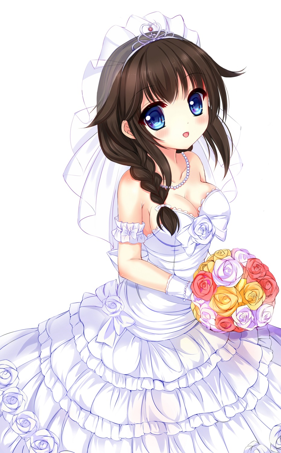 cleavage, dress, kantai_collection, no_bra, shigure_(kancolle), urara_(artist), wedding_dress