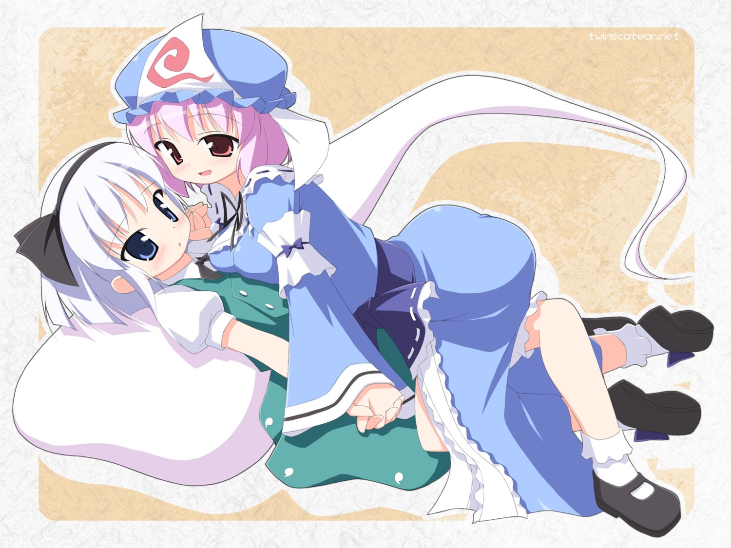 kagura_yuuki, konpaku_youmu, myon, saigyouji_yuyuko, symmetrical_docking, touhou, wallpaper