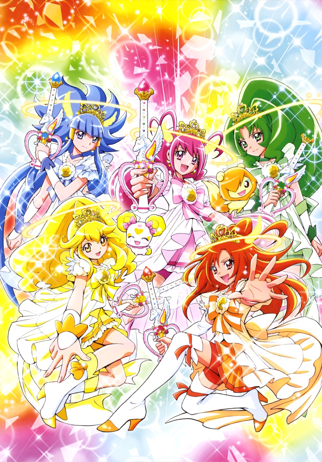 aoki_reika, bike_shorts, candy_(smile_precure), dress, heels, hino_akane, hoshizora_miyuki, kamikita_futago