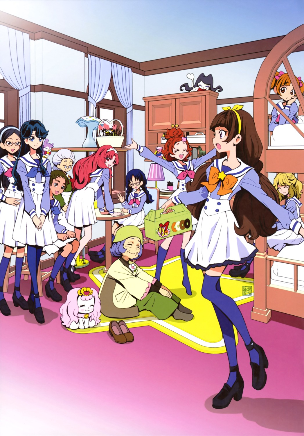 akagi_towa, amanogawa_kirara, aroma_(precure), go!_princess_precure, haruno_haruka, heels, kaidou_minami, kamikita_futago, megane, nanase_yui, precure, puff_(precure), seifuku, siamour, thighhighs
