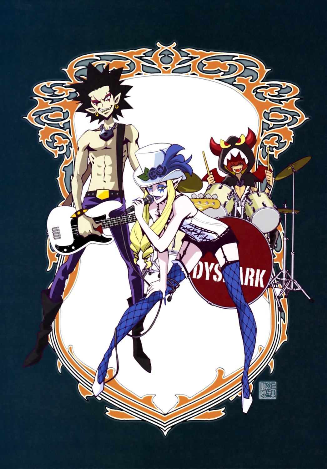 close_(precure), fishnets, go!_princess_precure, guitar, heels, horns, kamikita_futago, lingerie, lock_(precure), pointy_ears, precure, shut_(precure), stockings, thighhighs, trap