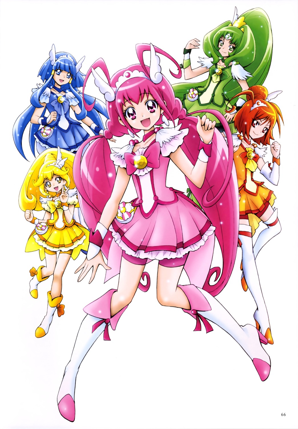 aoki_reika, bike_shorts, dress, heels, hino_akane, hoshizora_miyuki, kamikita_futago, kise_yayoi