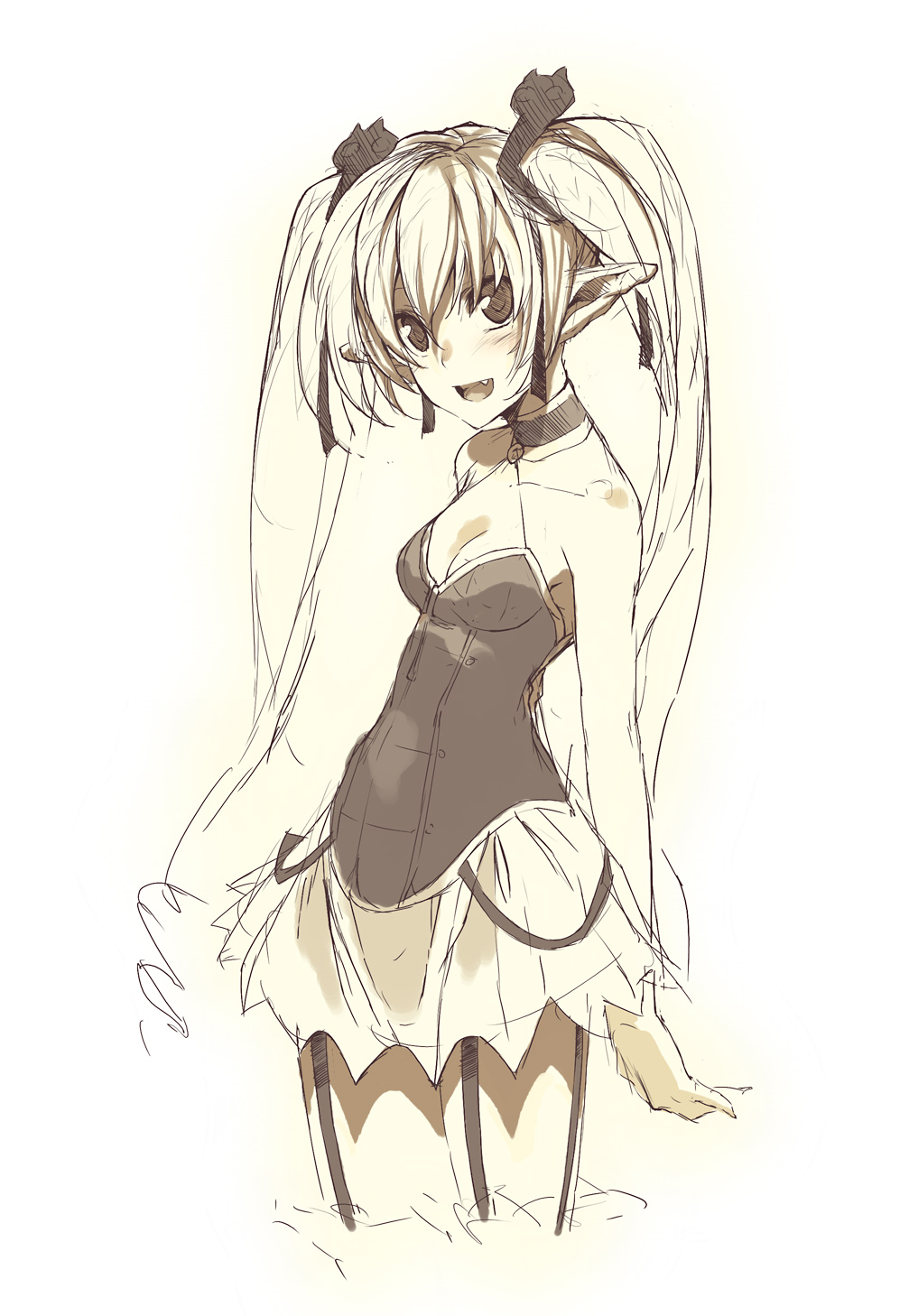 cleavage, magical_pokaan, monochrome, morii_shizuki, pachira, pointy_ears, stockings, thighhighs