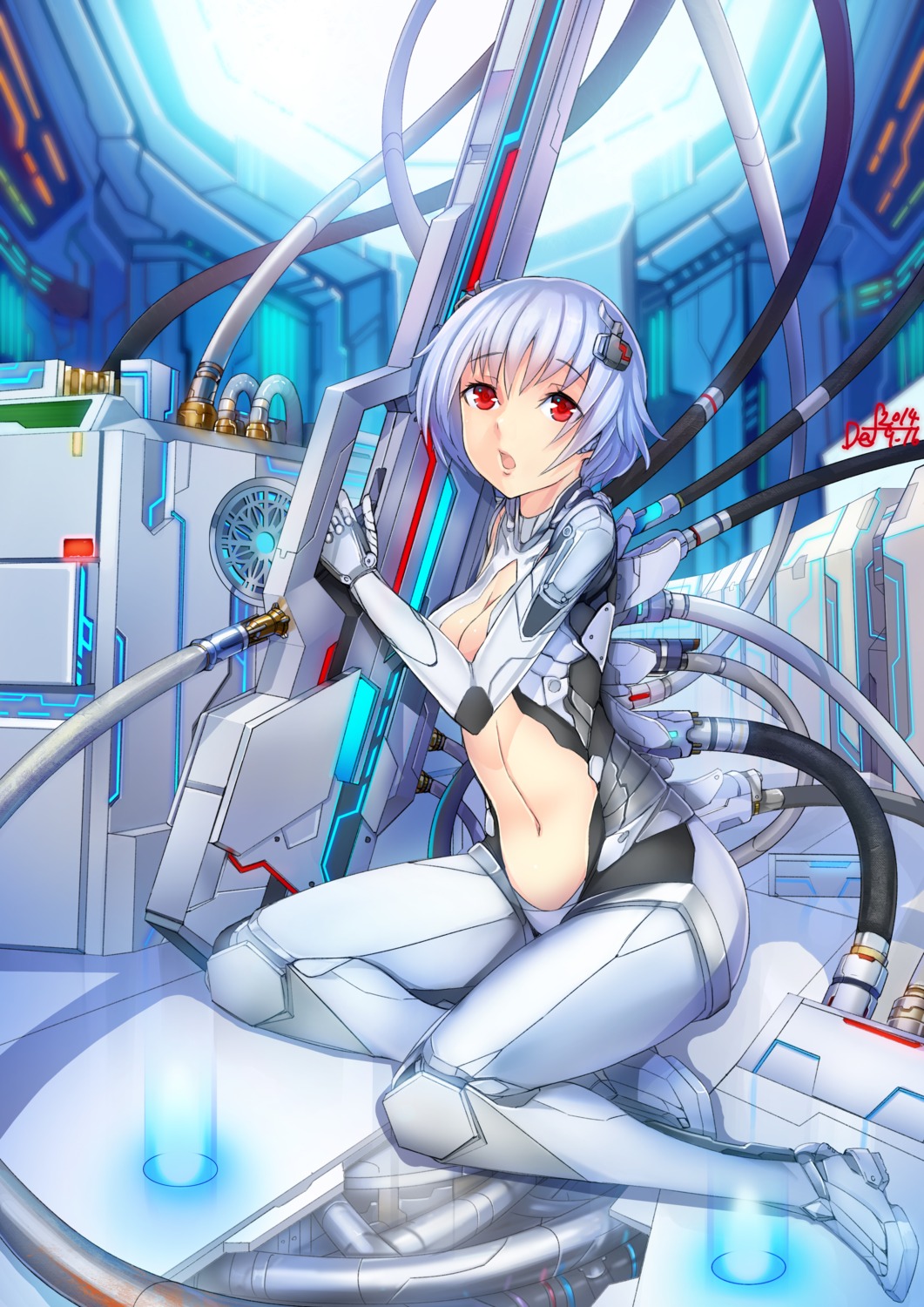 bodysuit, cleavage, def, mecha_musume, no_bra, weapon