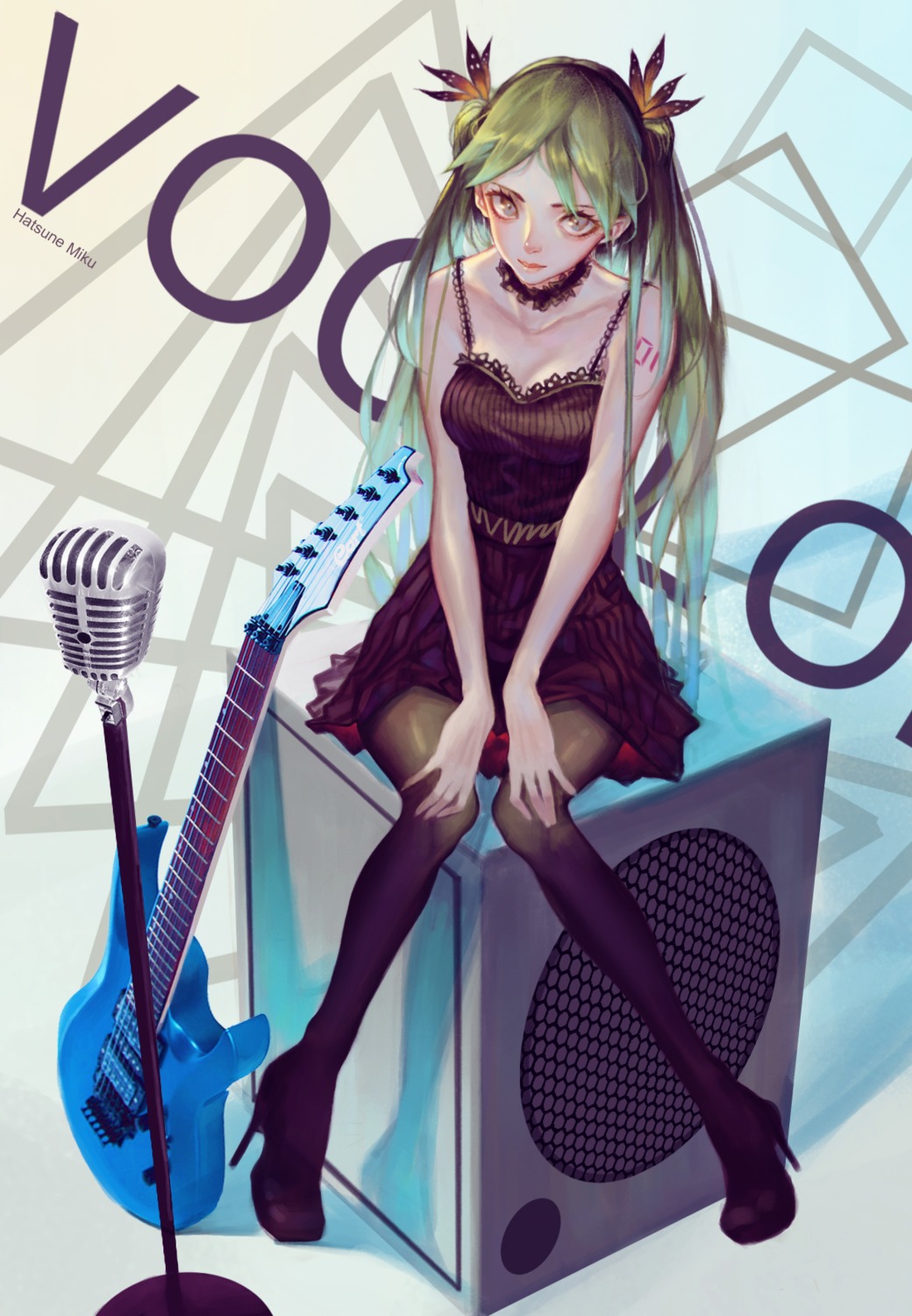 cleavage, dress, guitar, hatsune_miku, heels, mconch, pantyhose, tattoo