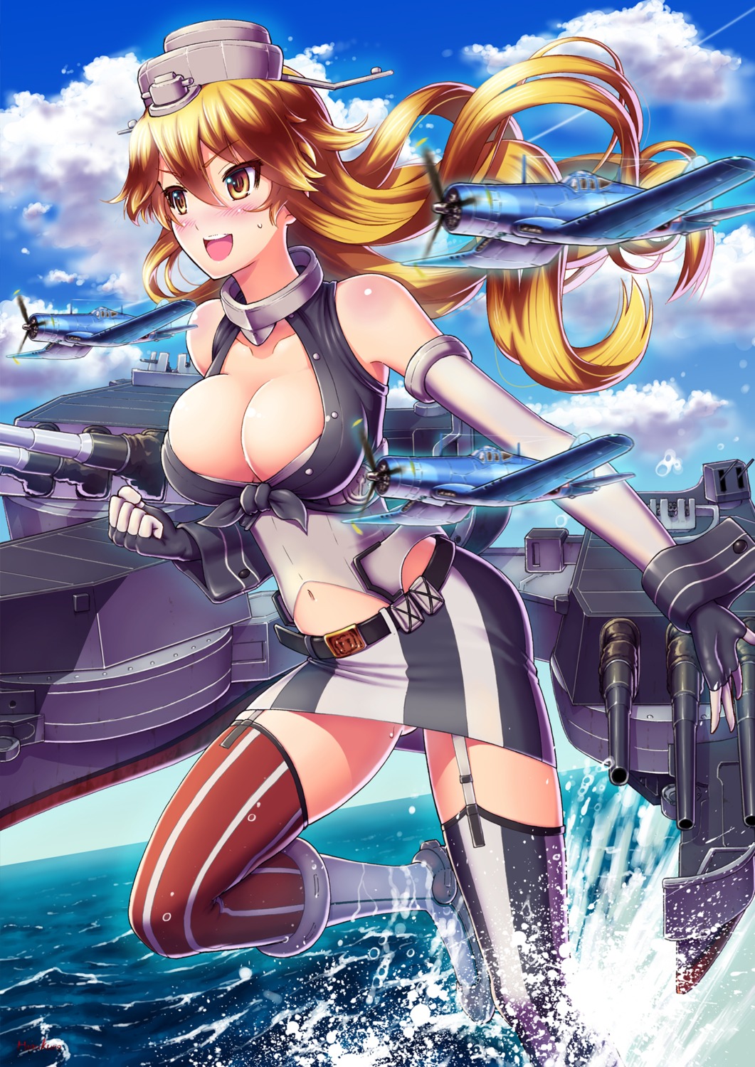 cleavage, iowa_(kancolle), kantai_collection, no_bra, number10_(hagakure), open_shirt, stockings, thighhighs