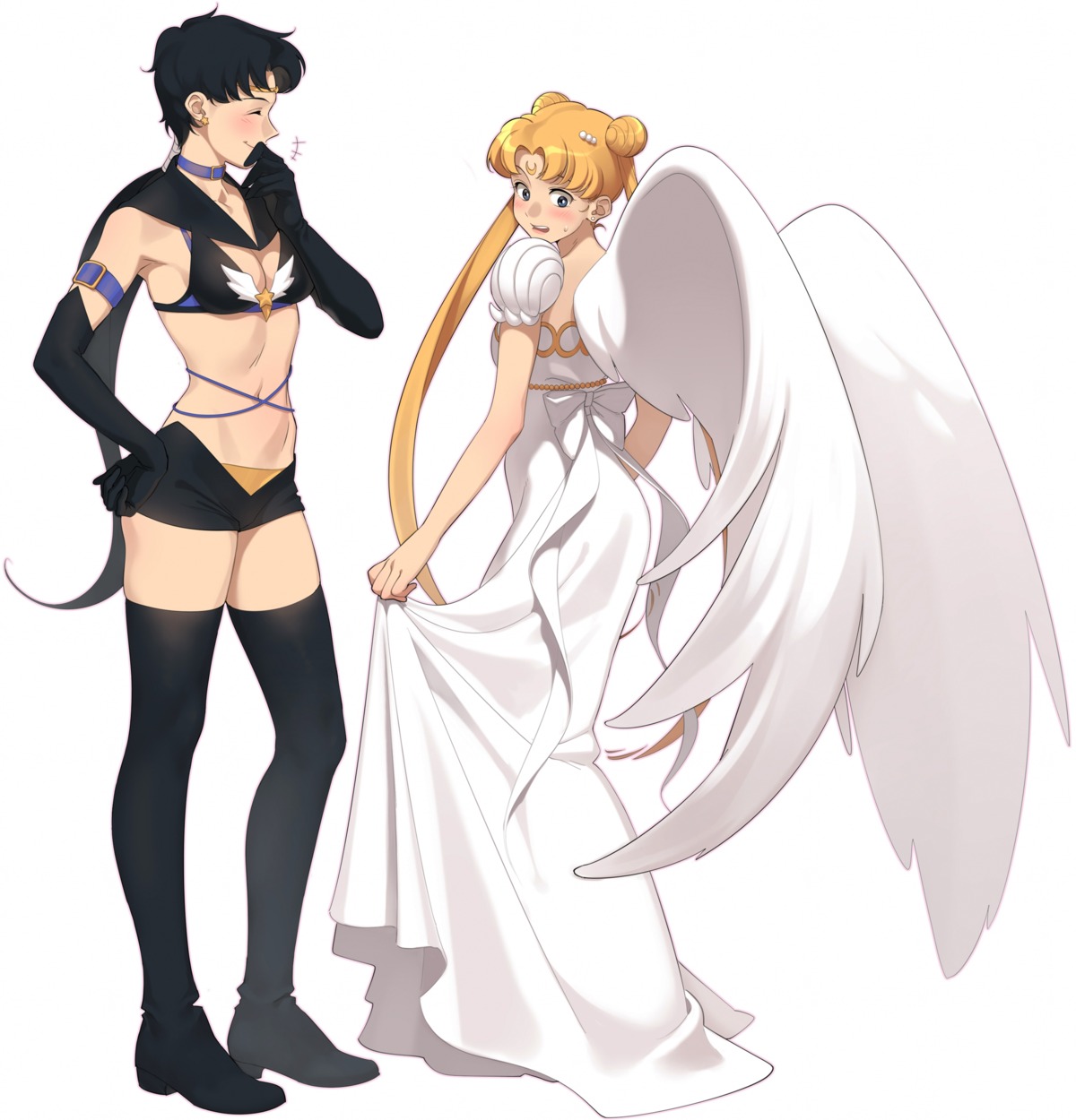 aconitea, bikini_top, bishoujo_senshi_sailor_moon, cleavage, dress, princess_serenity, seiya_kou, skirt_lift, swimsuits, thighhighs, tsukino_usagi, wings