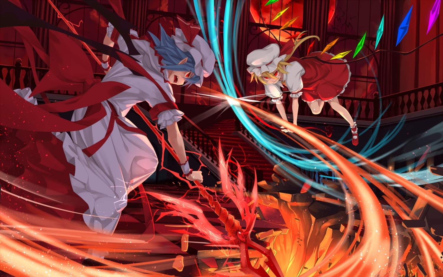 asu_tora, dress, flandre_scarlet, remilia_scarlet, touhou, weapon, wings