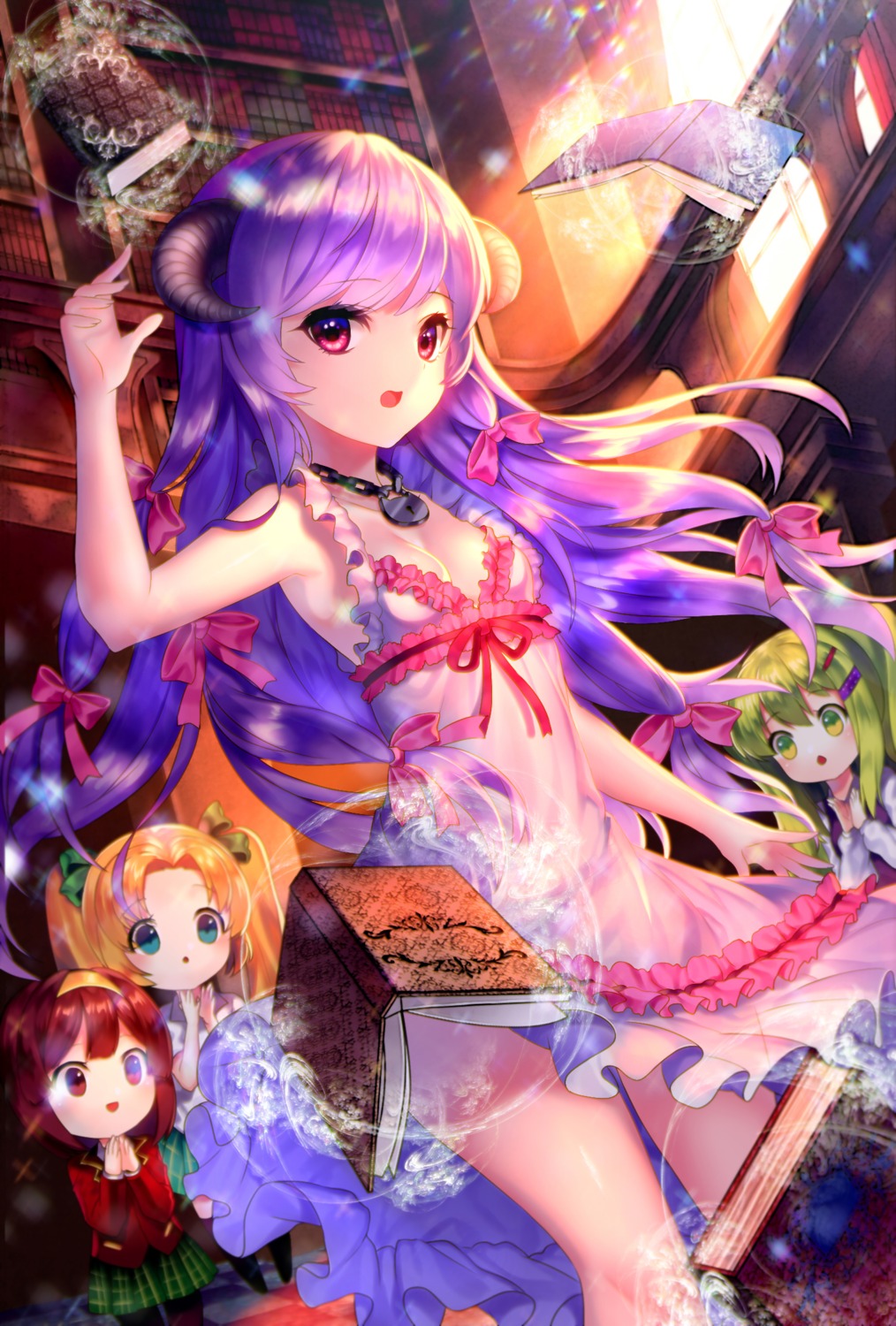 black_joa, cleavage, dress, horns, no_bra, pantyhose, see_through, seifuku