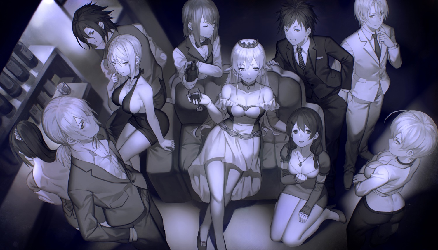business_suit, cleavage, dress, heels, mito_ikumi, monochrome, nakiri_alice, nakiri_erina