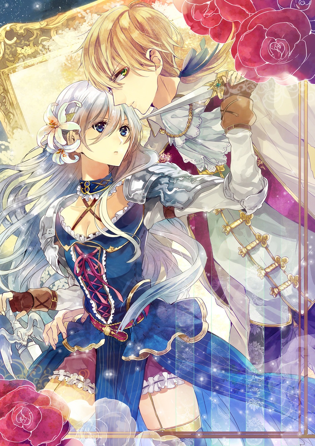 armor, cleavage, dress, stockings, sword, thighhighs, toryufu, weapon