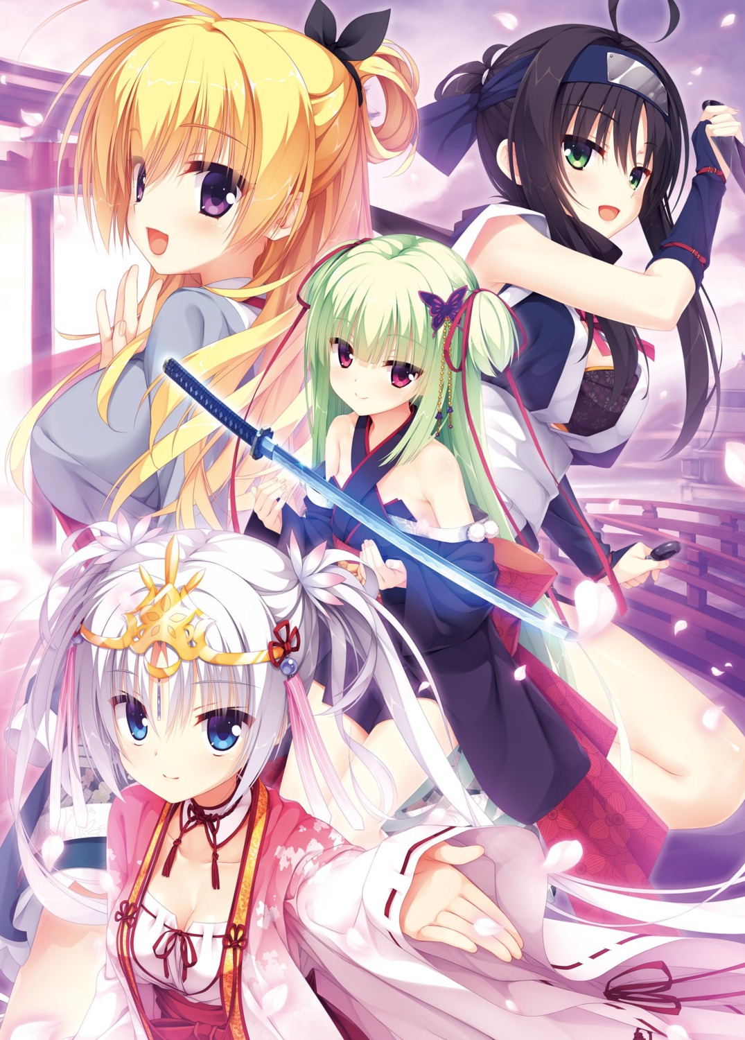 cleavage, hitachi_mako, japanese_clothes, jpeg_artifacts, kobuichi, lena_liechtenauer, lolita_fashion, miko, murasame_(senren_banka), muririn, ninja, no_bra, seifuku, senren_banka, sword, tomotake_yoshino, wa_lolita, weapon, yuzu-soft