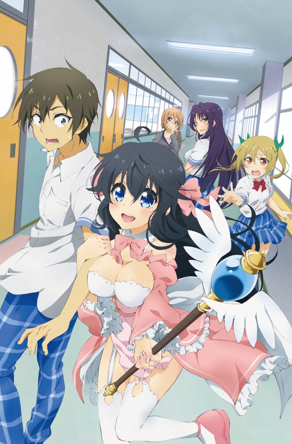 cleavage, digital_version, dress, goshouin_kyou, megane, netoge_no_yome_wa_onna_no_ko_janai_to_omotta?, nishimura_hideki, no_bra, saitou_yui, segawa_akane, seifuku, stockings, tamaki_ako, thighhighs, weapon
